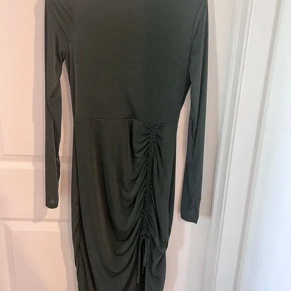 Elegant Forest Green Ruched Dress Size Large - Picture 3 of 11